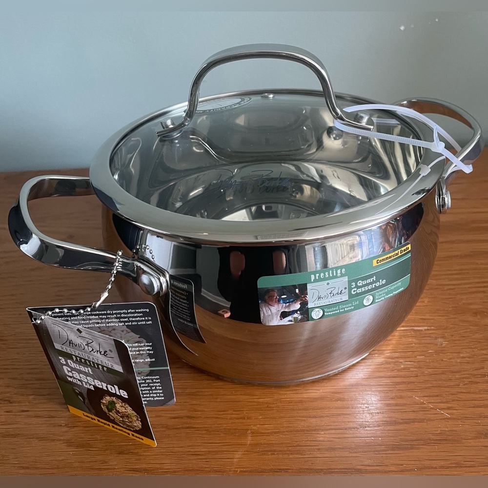 David Burke Prestige 3 Qt Casserole Pot With Glass Lid Stainless Steel NEW 400F